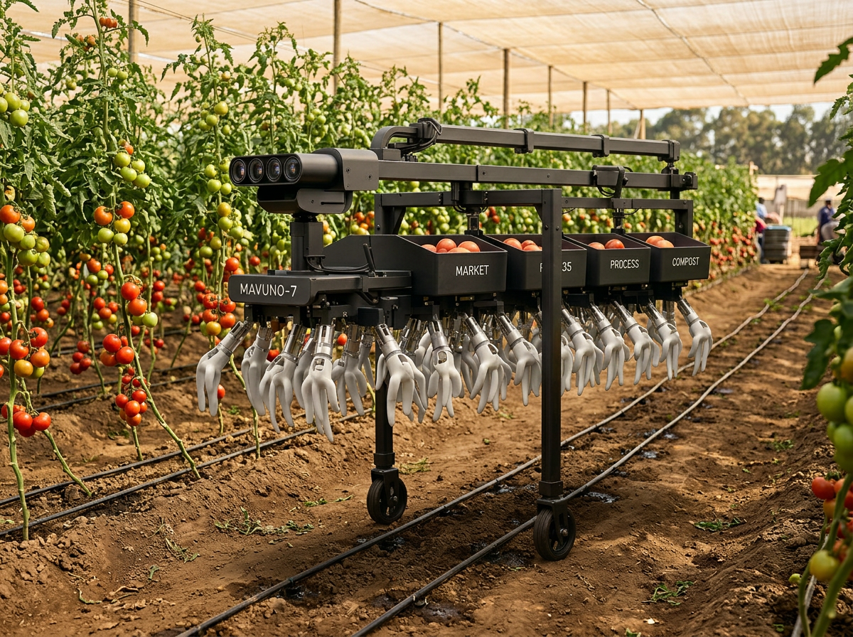 MAVUNO-7 delicate produce harvester in an African tomato field